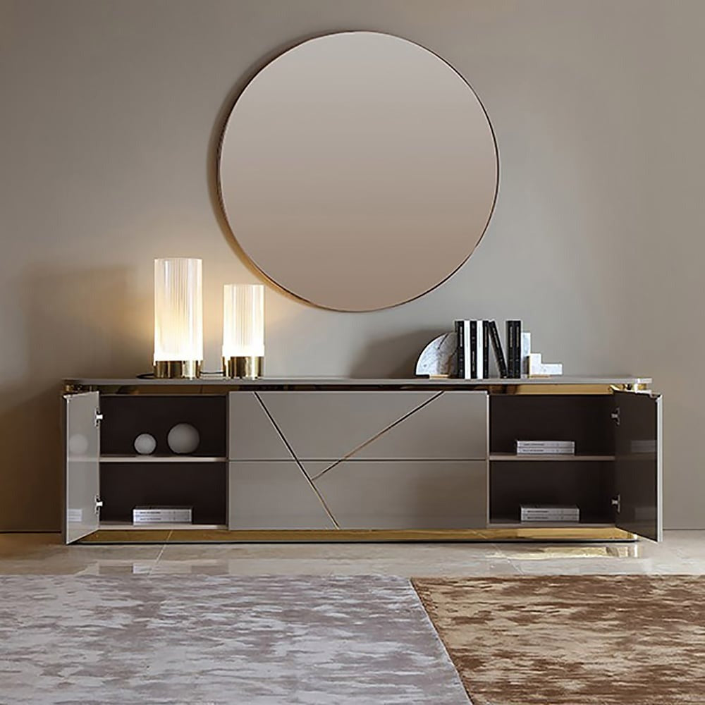 Luxurious tv stand in living room with open doors to show inner space