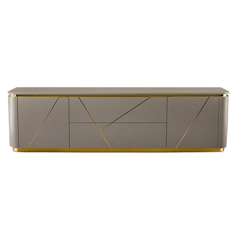 Modern grey tv stand with luxurious gold finish on a white background