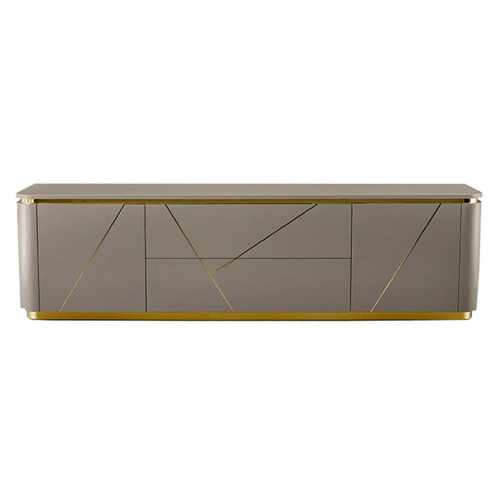 Modern grey tv stand with luxurious gold finish on a white background