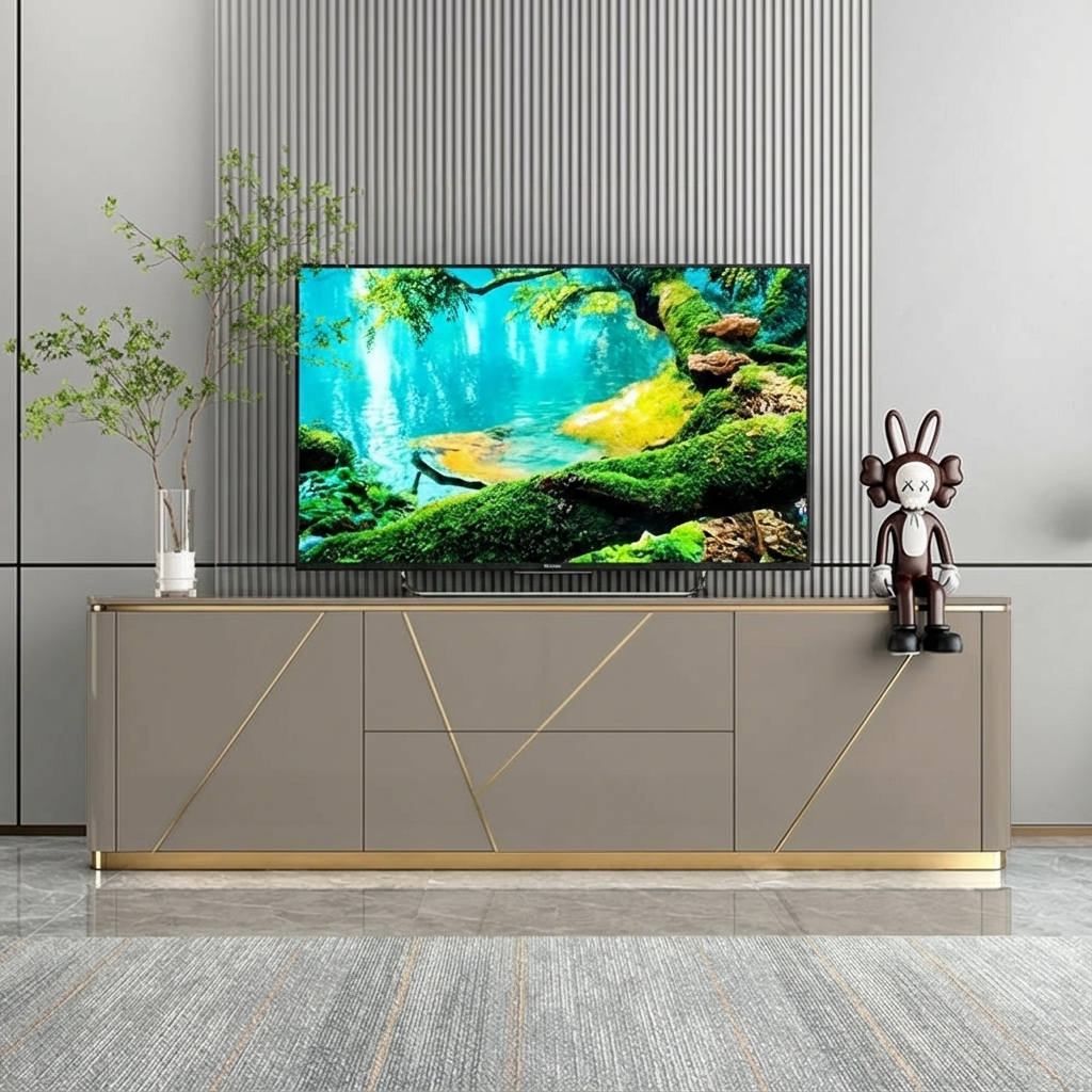 Stylish grey tv stand with luxurious gold finish placed in a living room