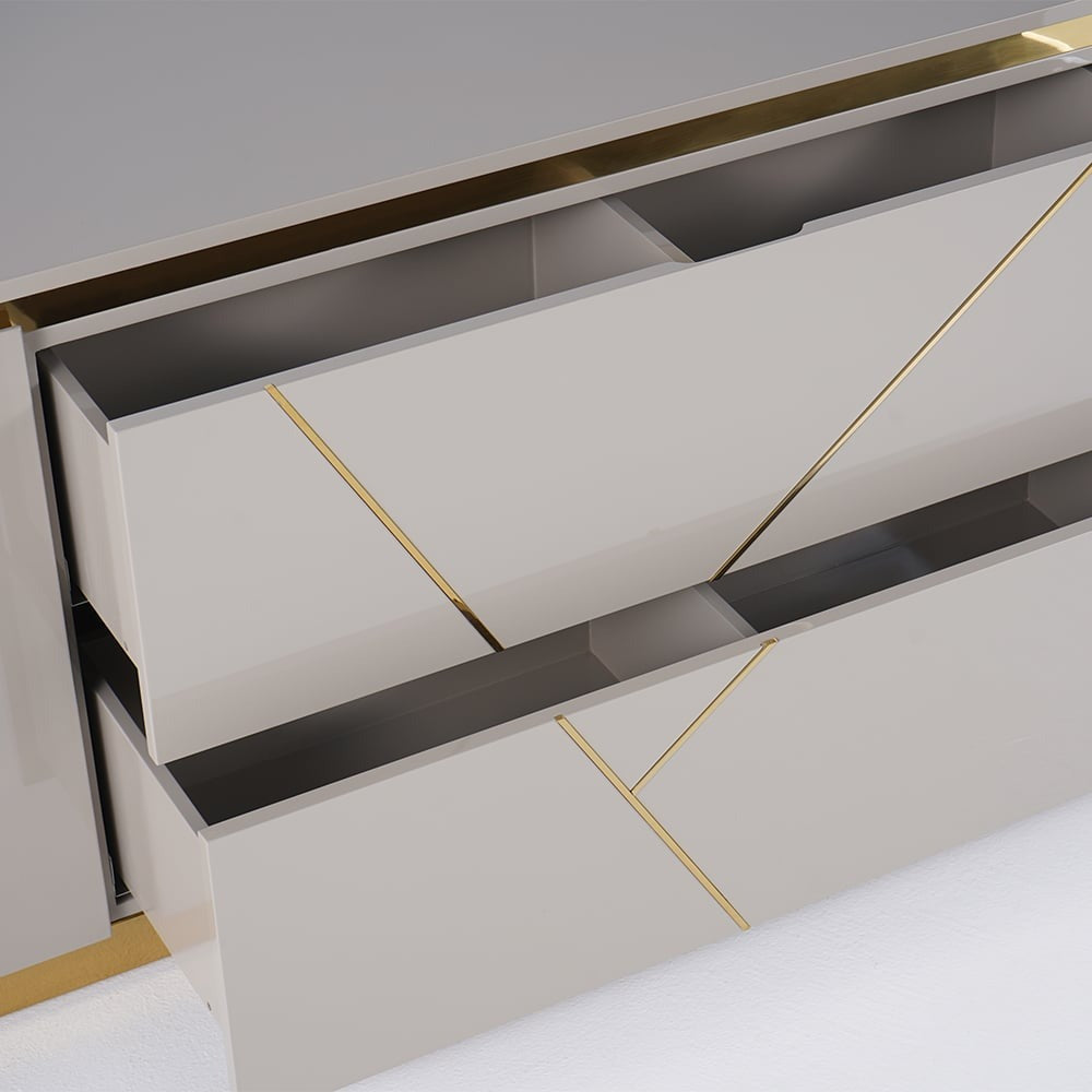 Modern grey tv stand open with smooth glide