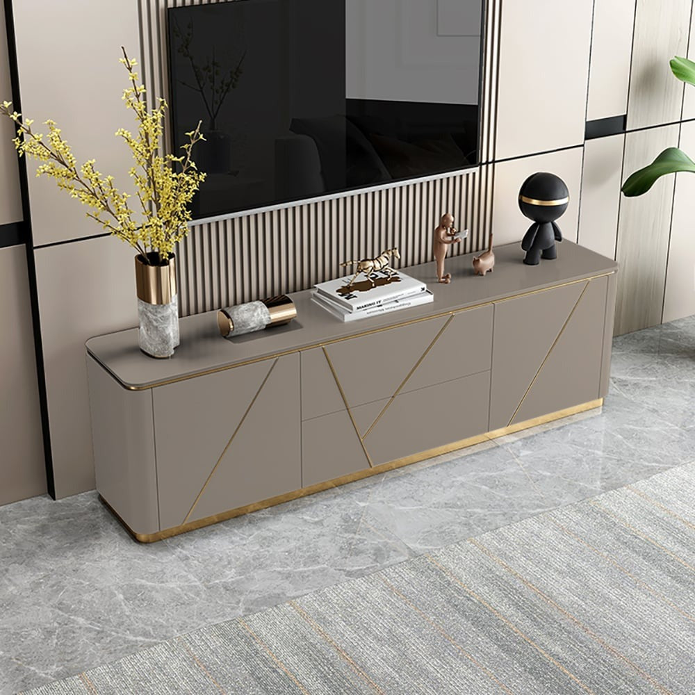 Modern grey tv stand with luxurious gold finish and round corner