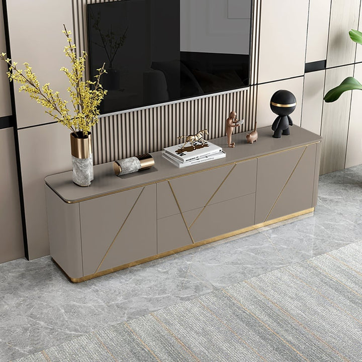 Modern grey tv stand with luxurious gold finish and round corner