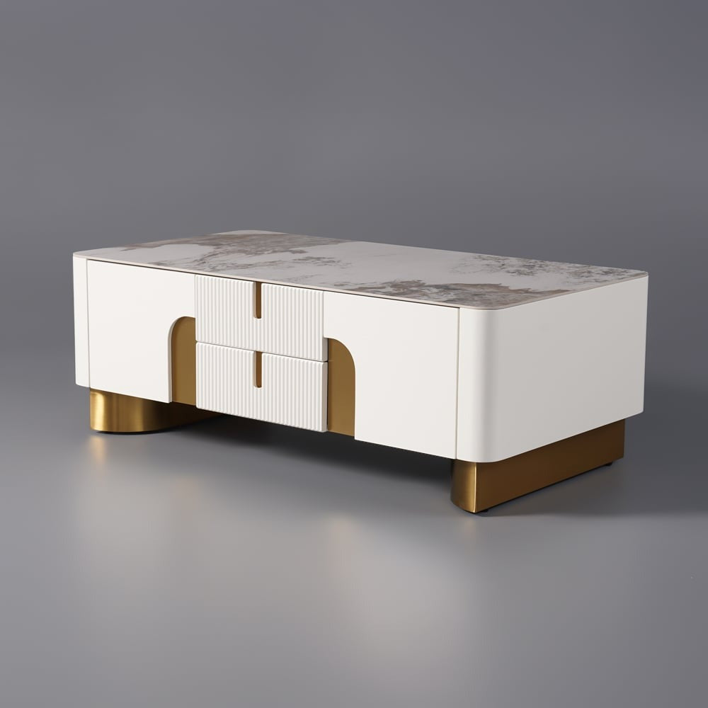 Vista coffee table in beige, featuring a durable stone surface top a high-gloss PU-painted MDF body and gold-tone storage pull handles.