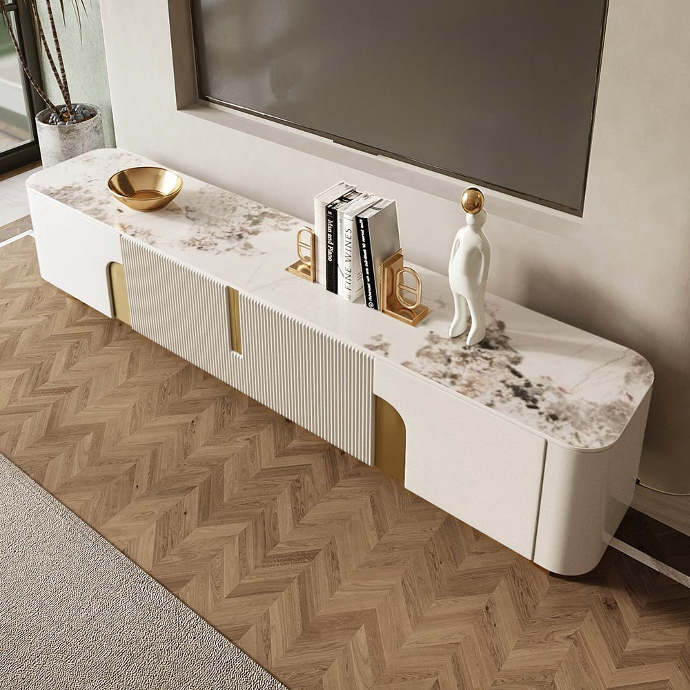 Premium TV stand with marble top and streamlined design with gold accent for living room
