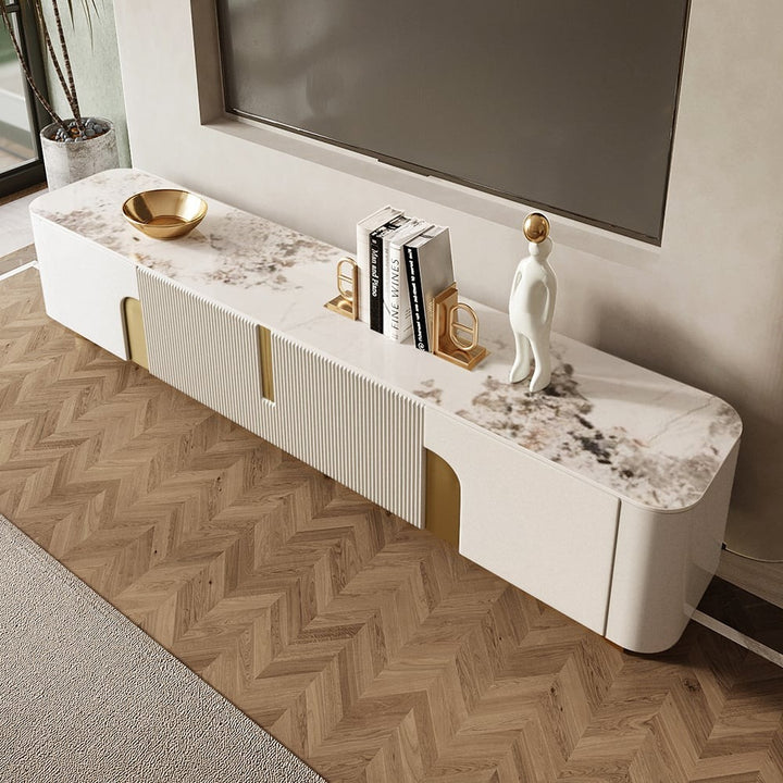 Premium TV stand with marble top and streamlined design with gold accent for living room