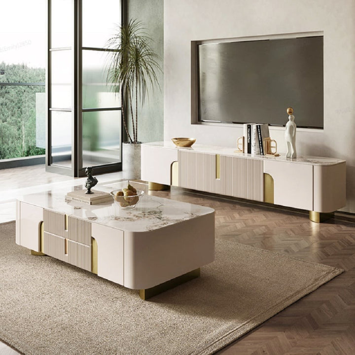 Premium white tv stand with modern white streamlined design and luxurious stone top