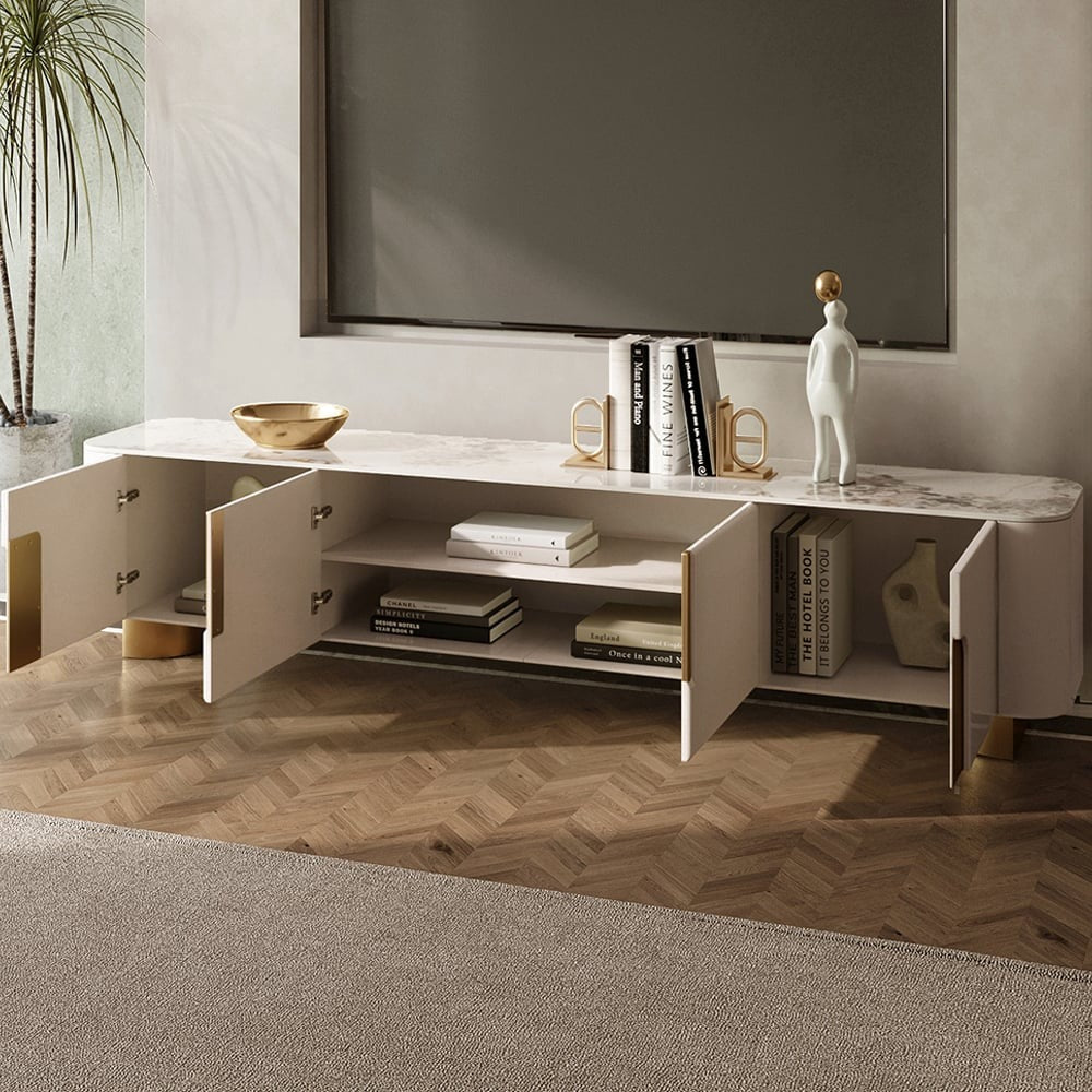 Modern white tv stand with open doors to show internal storage
