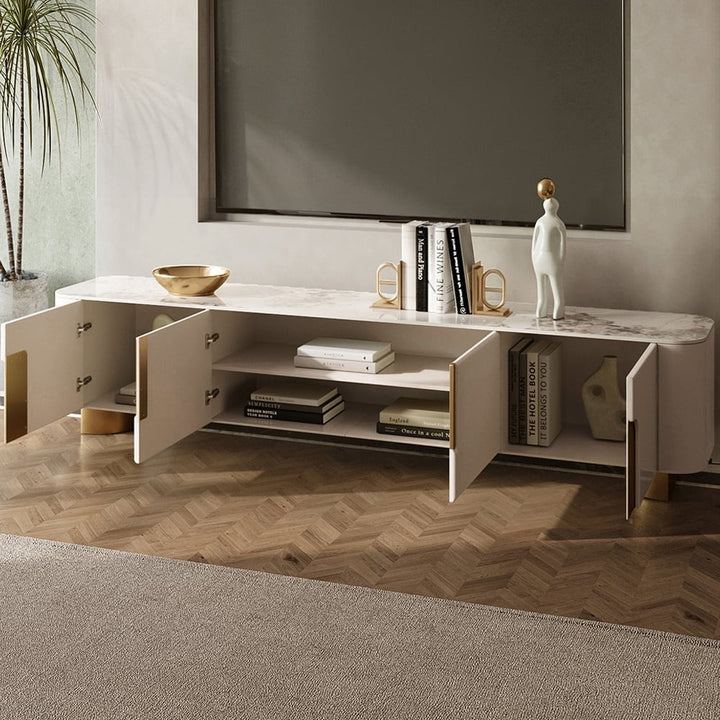 Modern white tv stand with open doors to show internal storage
