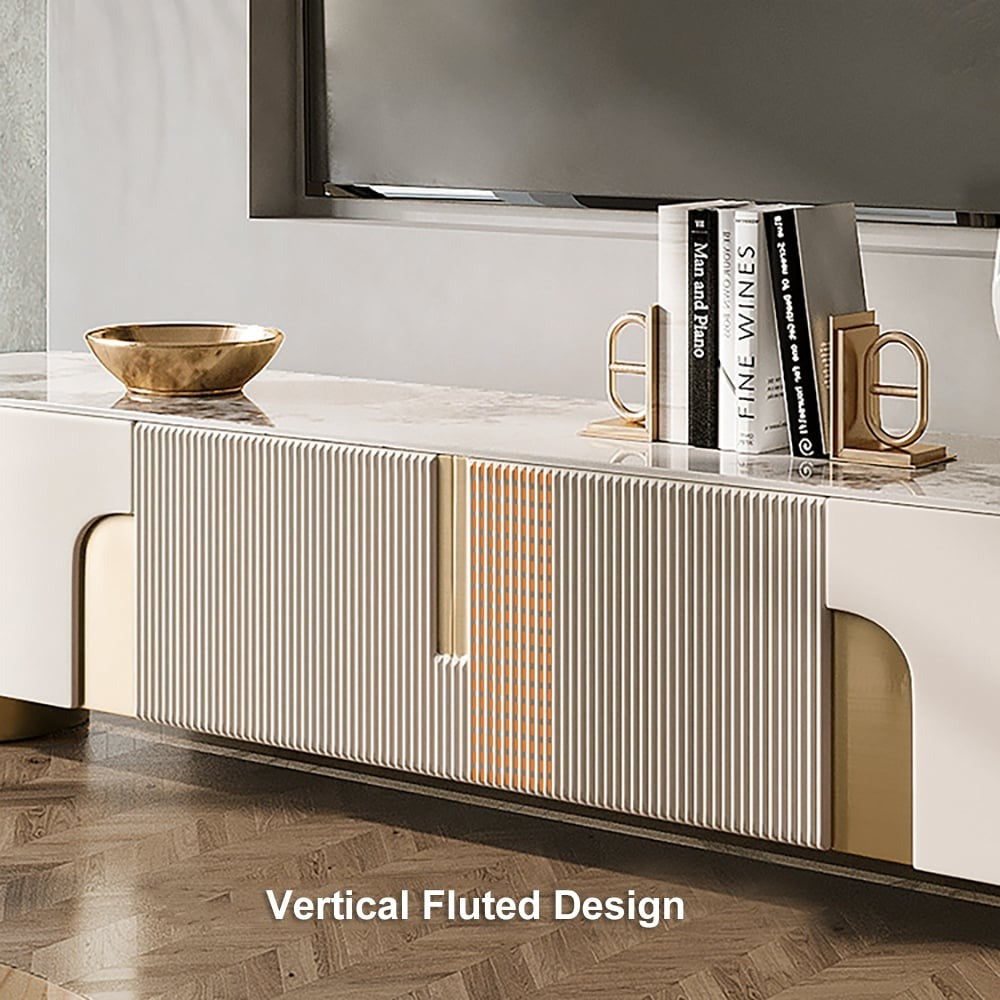 Modern white tv stand with vertical fluted design with gold accent