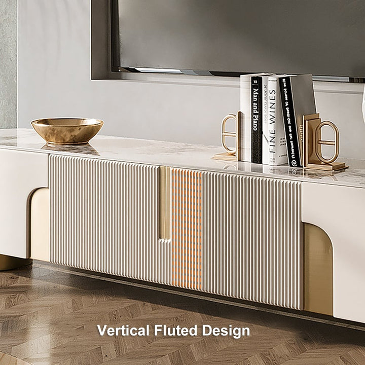 Modern white tv stand with vertical fluted design with gold accent