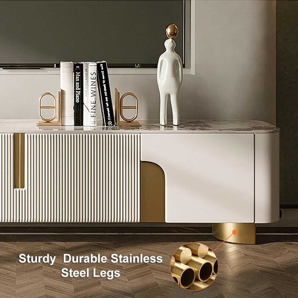 Premium white tv stand with streamlined design and luxurious stone top 