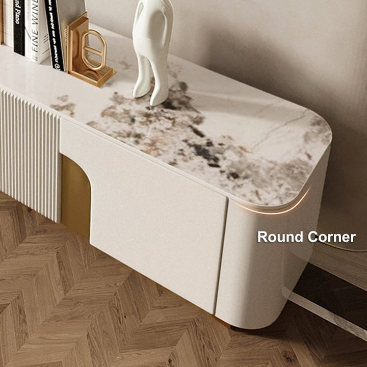 Premium white TV stand with round corner to ensure safety and modern looks
