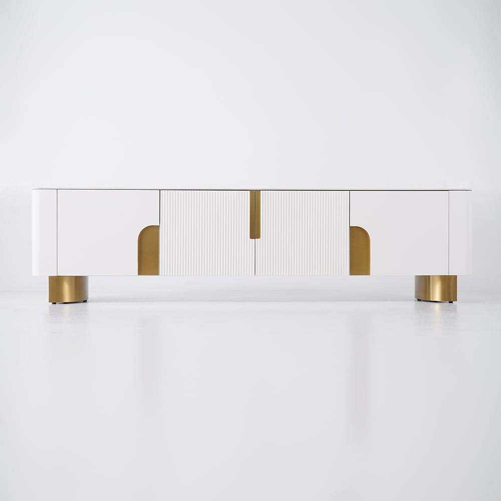 Luxury white tv stand with gold finish in a white background