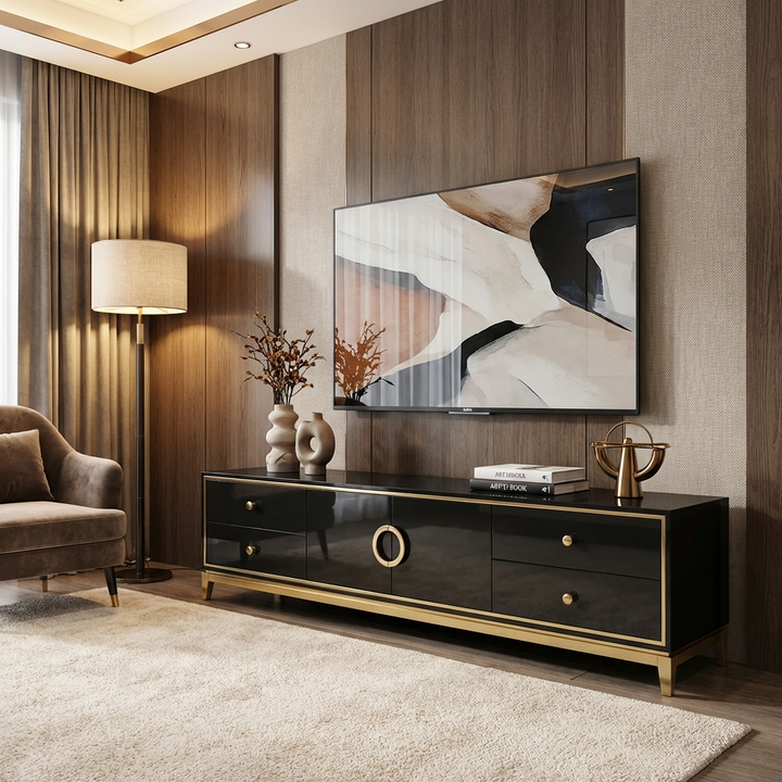 Modern living room with a black TV stand, sofa, and decorative items.