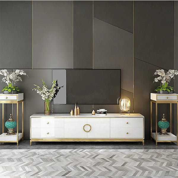 white tv stand with gold accent