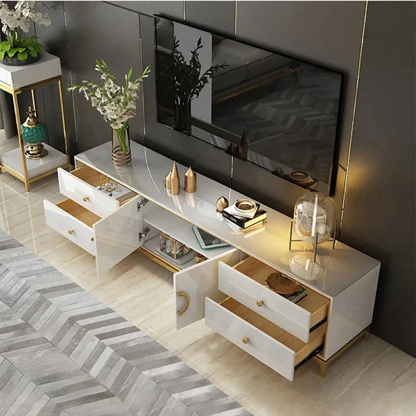 premium white tv stand with 4 drawers and 2 doors for storage