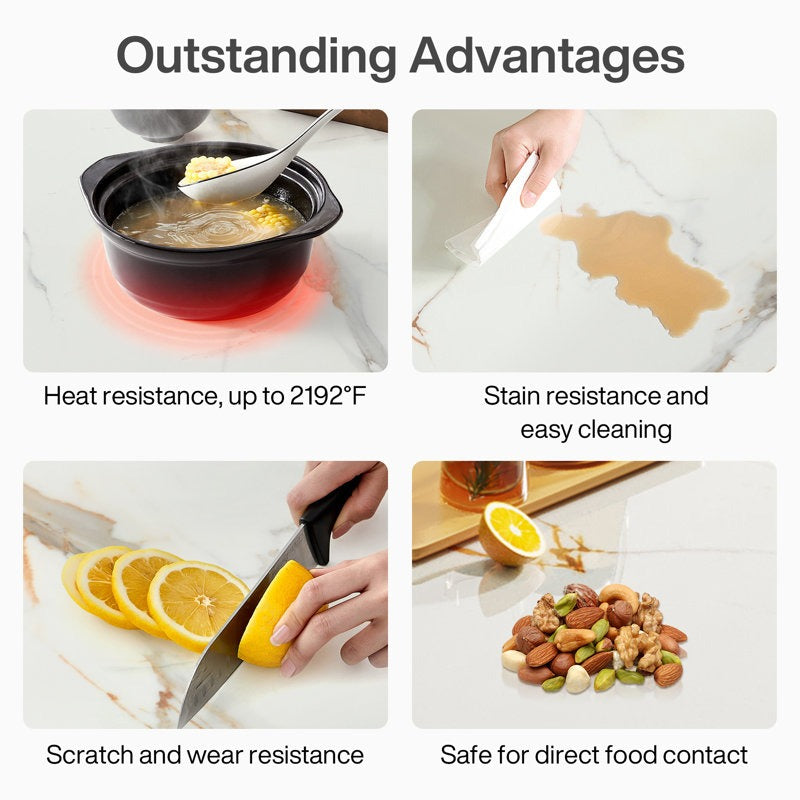 Collage of kitchen items with text highlighting their advantages for a dining table marble top.