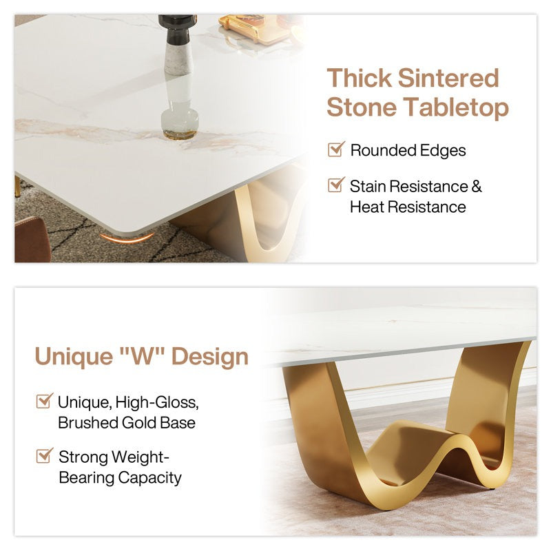 Premium dining table with thick sintered stone top and gold 'W' design base.