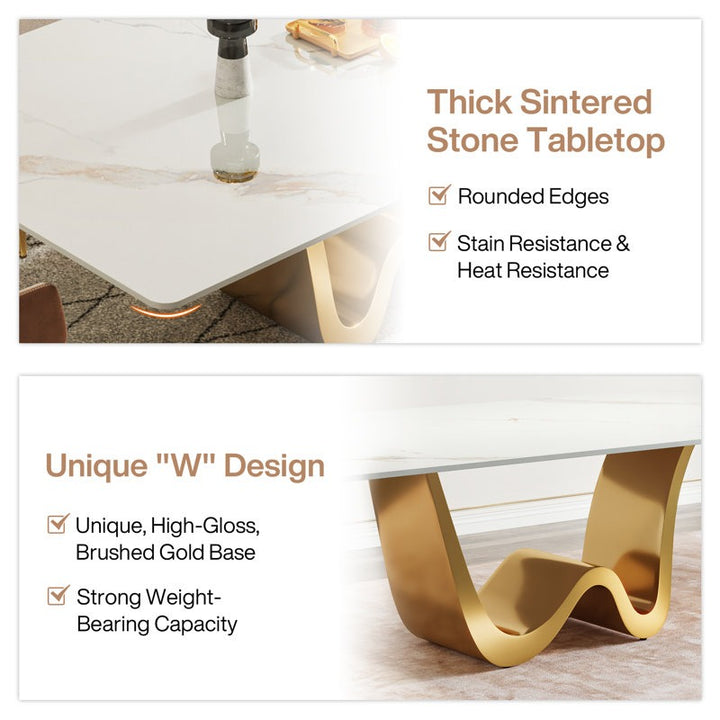 Premium dining table with thick sintered stone top and gold 'W' design base.