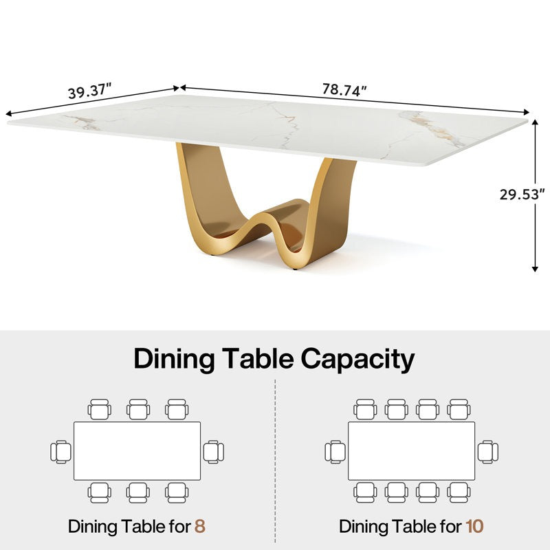 Luxury W-shaped dining table with dimensions and capacity for 8-10 people.