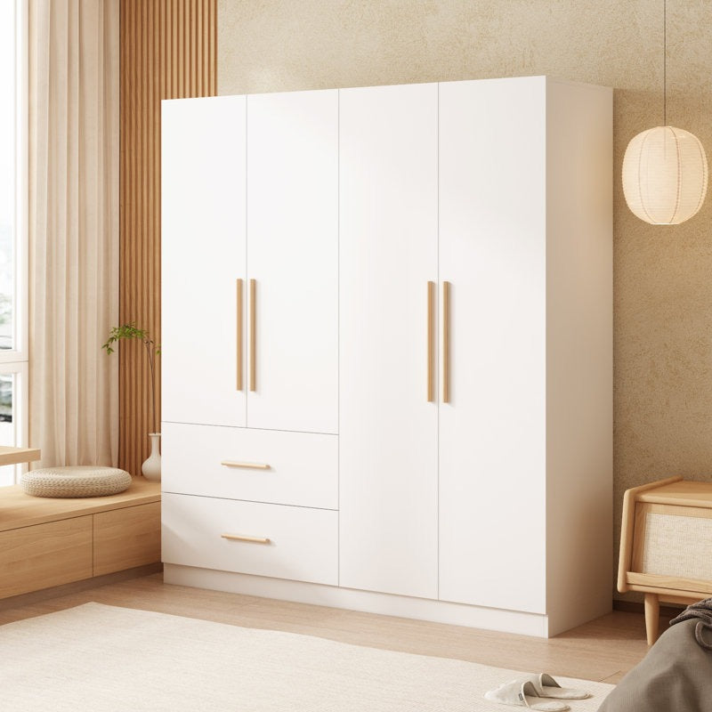 Modern white wardrobe in a bedroom setting featuring four panel doors and warm wooden handle