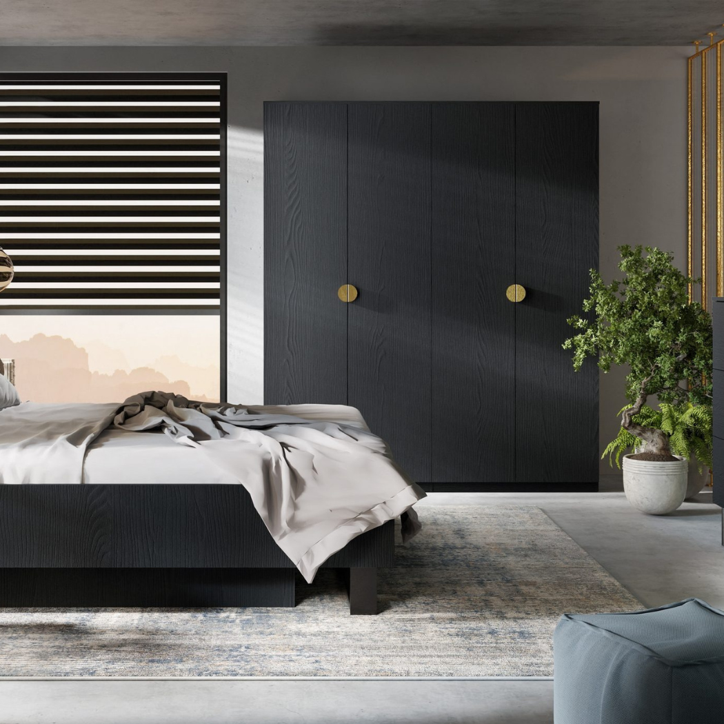 Modern bedroom setup featuring matte black four-door wardrobe with contemporary decor