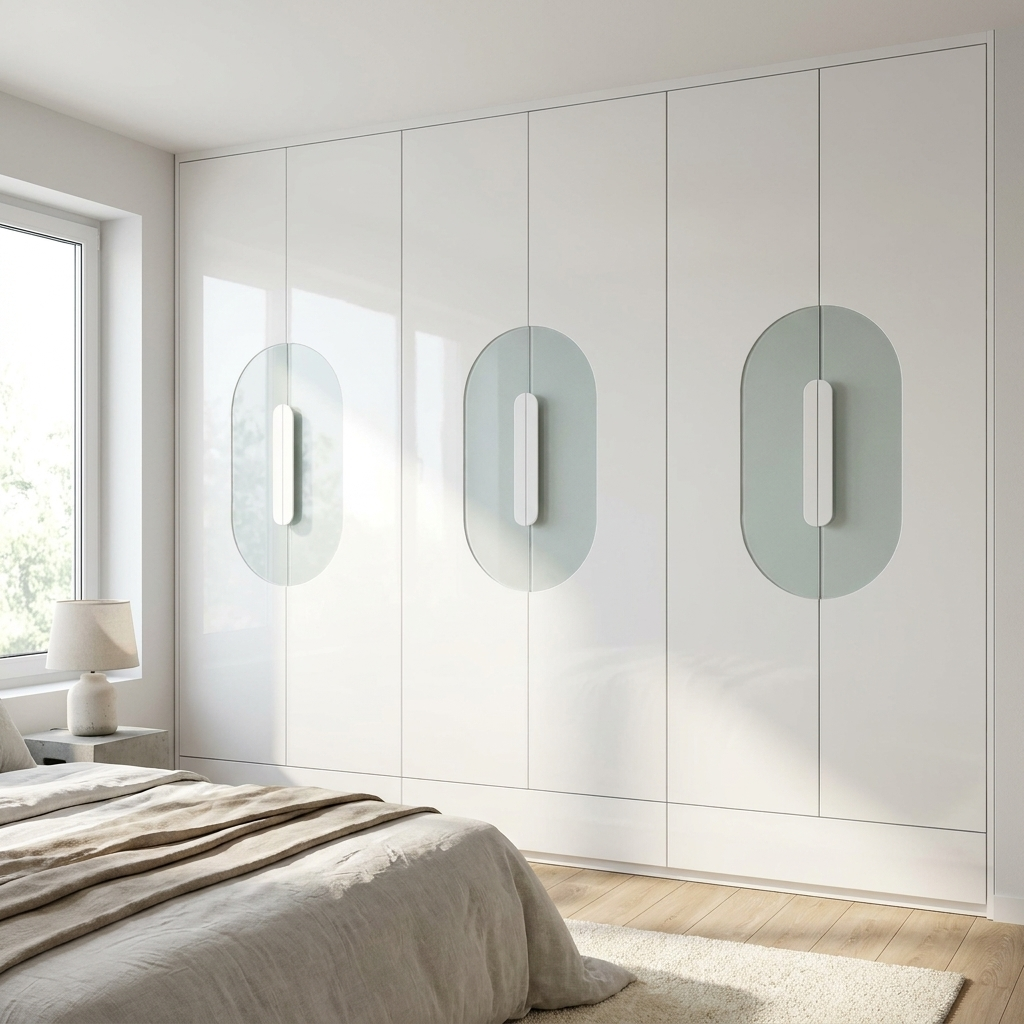 Modern bedroom with white modular wardrobes featuring circular glass panels designed by heera moti.