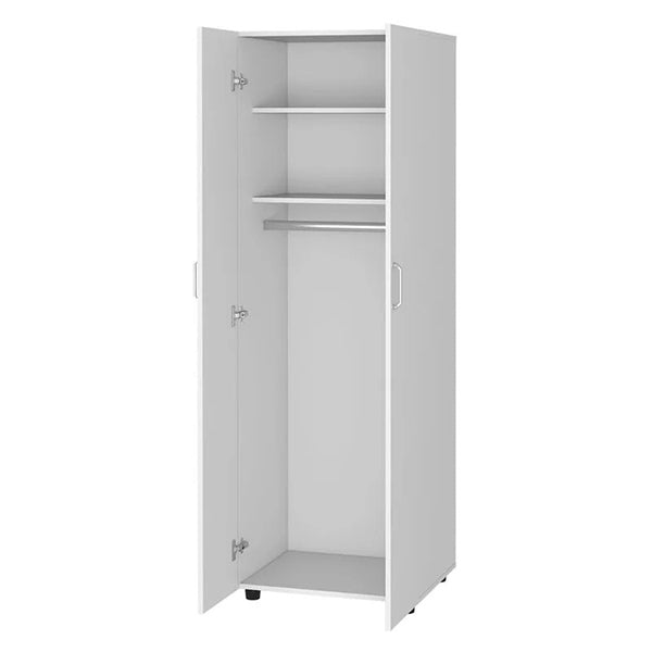 white 2-door wardrobe with two shelves and one oval hanging rod