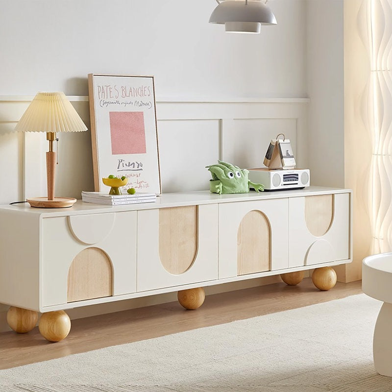 premium white tv unit with solid wood ball legs