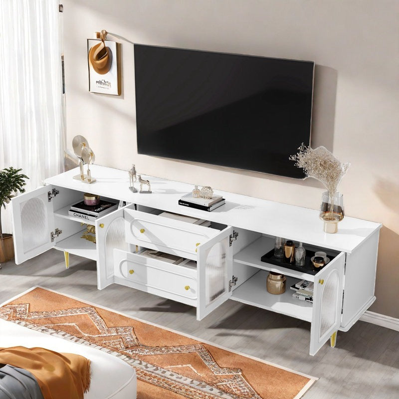 luxury white tv stand with open drawers and doors
