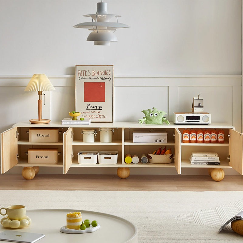 Brunzy white tv stand with open doors to show internal space