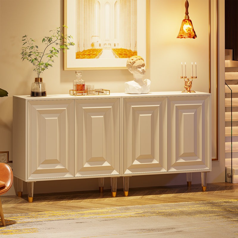 Stylish white finish cabinet with smart storage and modern appeal for organized living spaces.