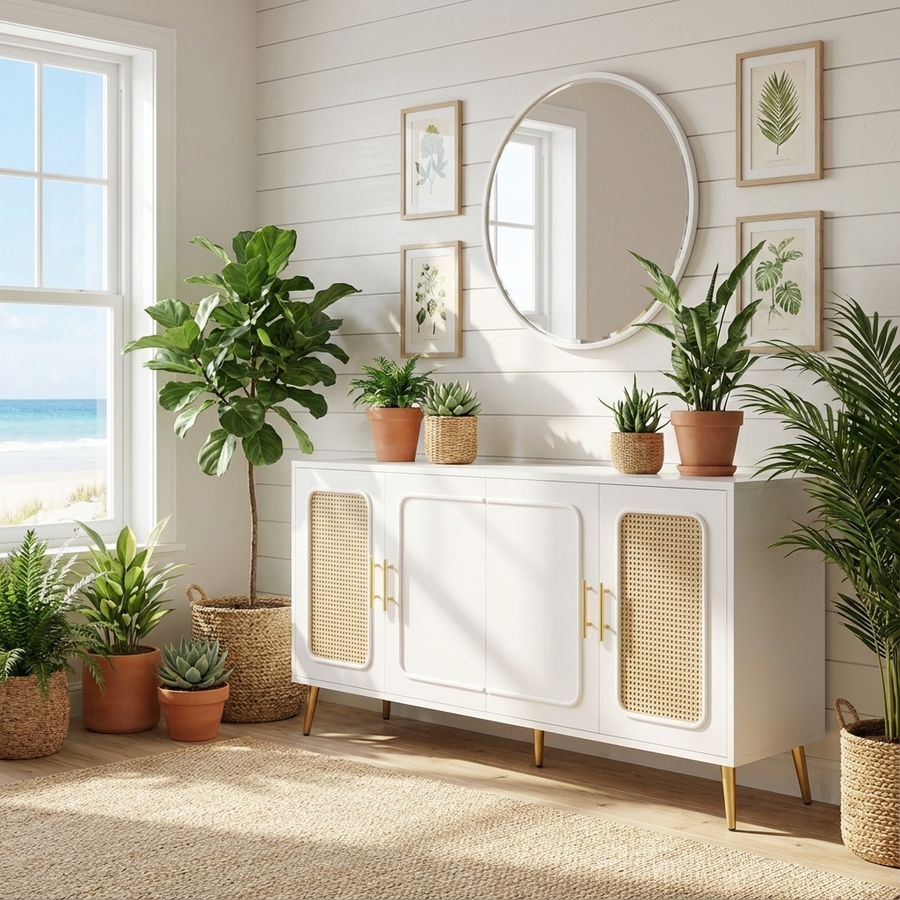 White cabinet with wicker doors in a room with plants and a window view.