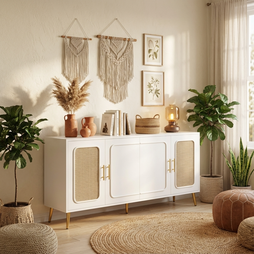 Modern white cabinet with wicker doors in a room with plants and decor