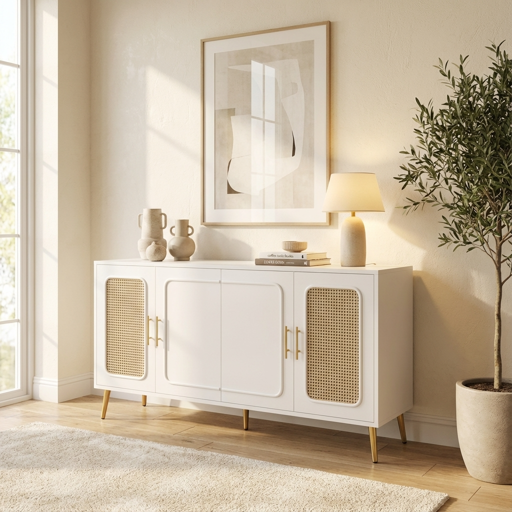 modern white sideboard with gold accents in a room with a lamp, plant, and framed artwork.