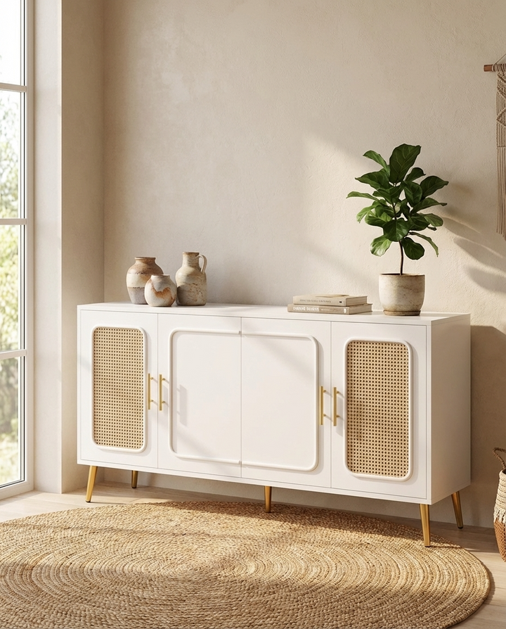 modern white cabinet with wicker doors in a room with a plant and decor items.