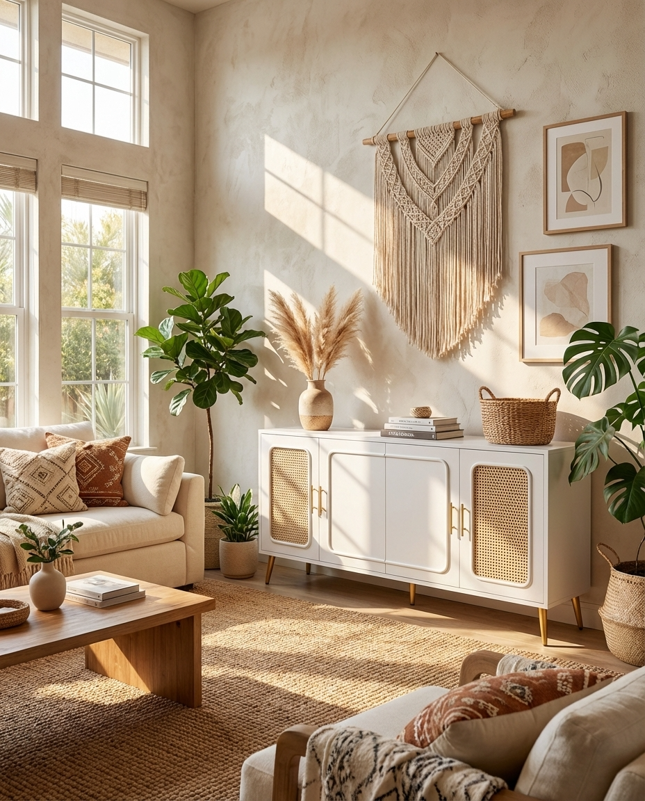 Cozy living room with beige walls, a modern white cabinet, and decorative elements.