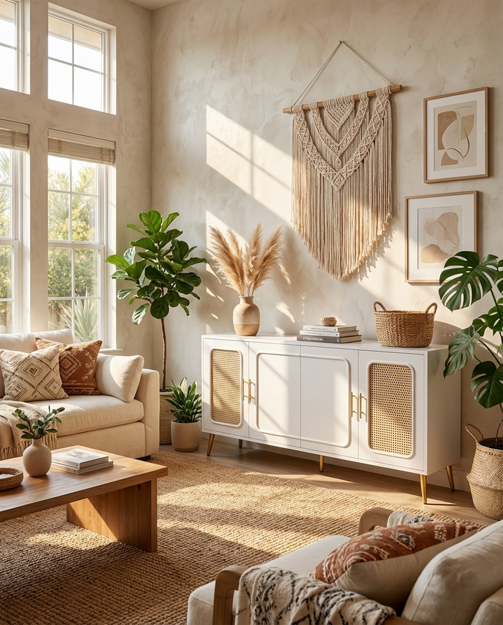 Cozy living room with beige walls, a modern white cabinet, and decorative elements.