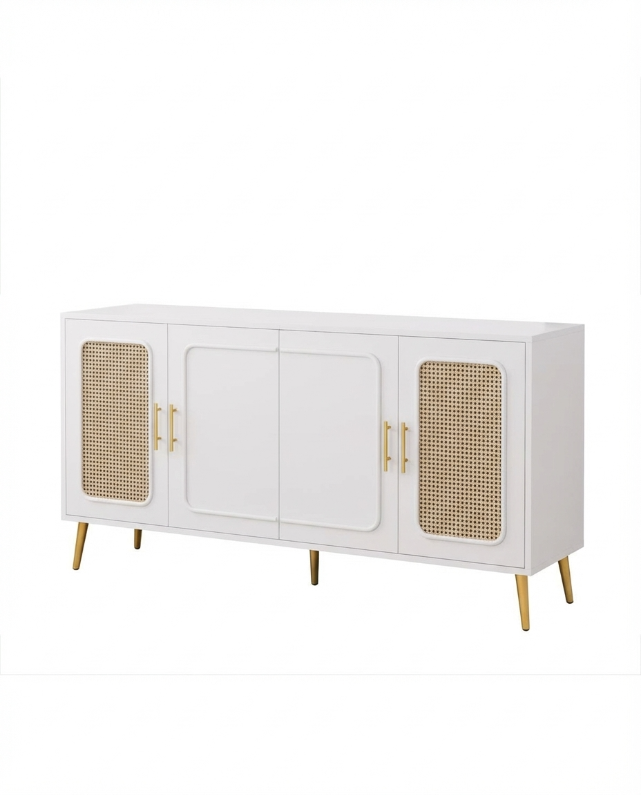 modern white cabinet with rattan doors and gold handles on a white background