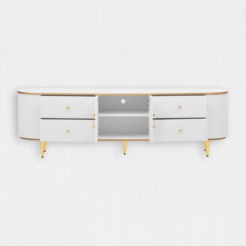 front view of white tv unit with open shelves