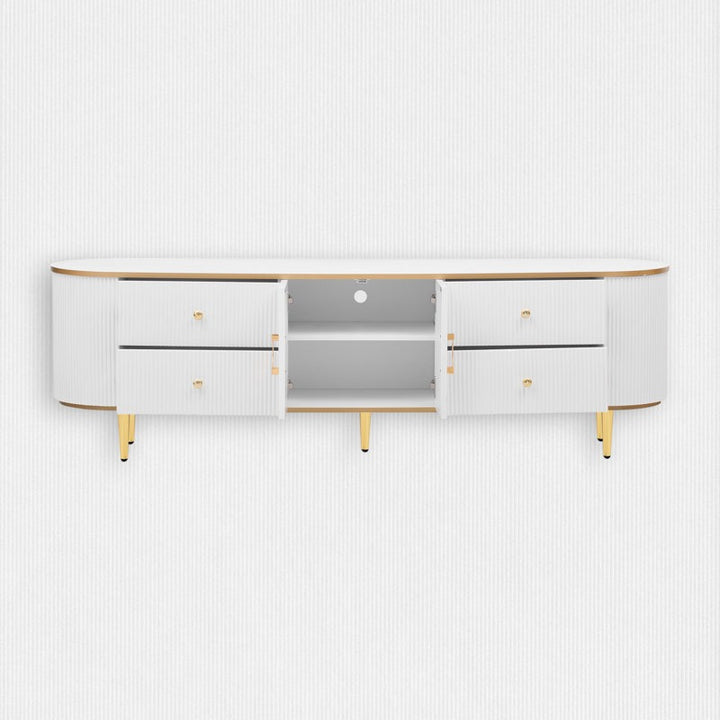 front view of white tv unit with open shelves