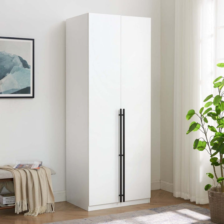 A white 2-door wardrobe with minimal design, featuring black vertical handles and standing in a room with a plant and a framed picture on the wall.
