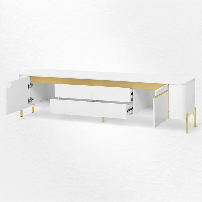 modern white tv unit with gold finish and 4 drawers 