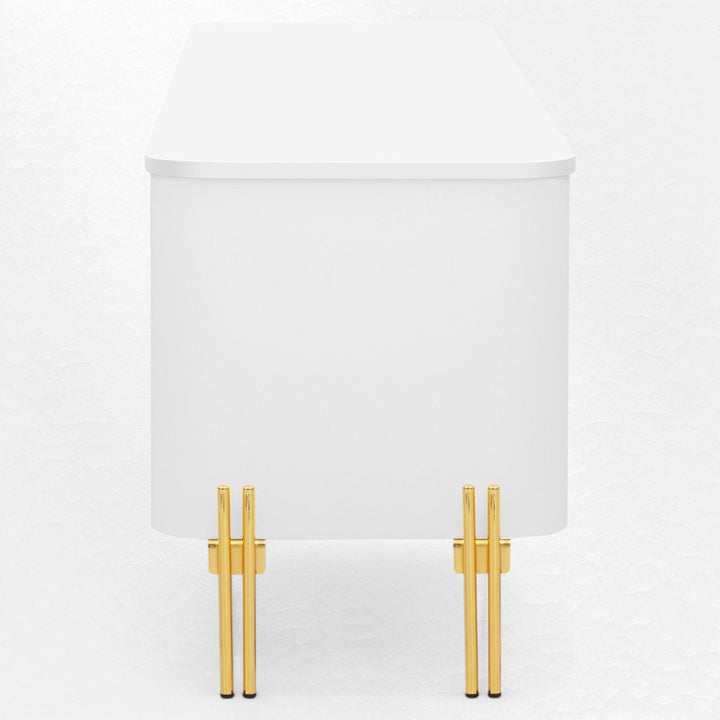 luxury white tv unit with round corner and golden legs