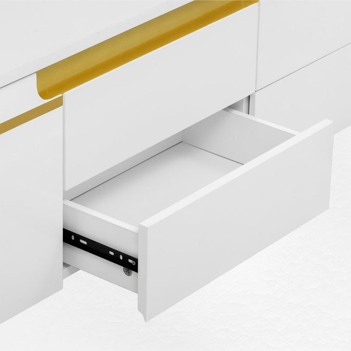 white TV unit with open drawer