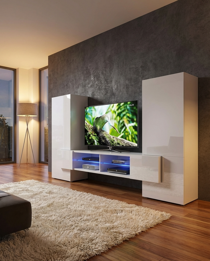 Modern living room with a television set on a white entertainment console.