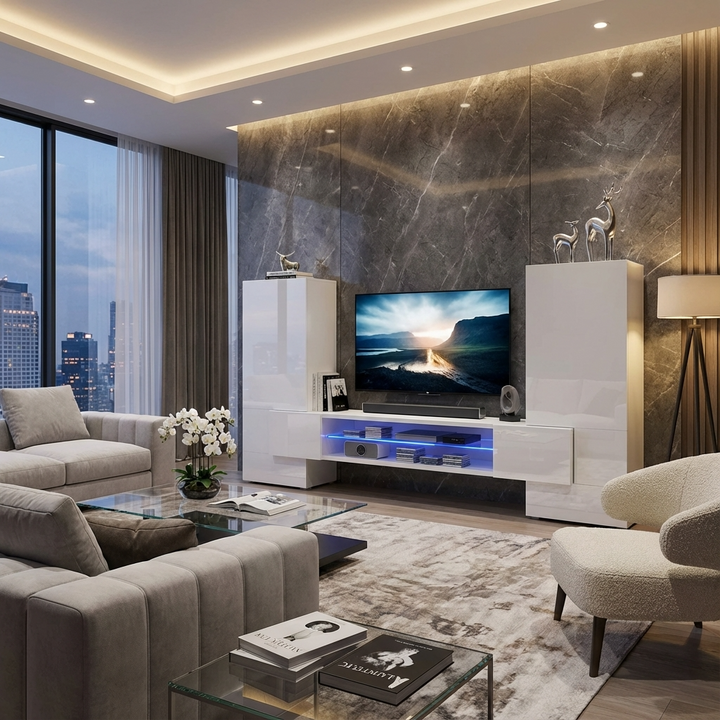 Modern living room with marble wall, white TV unit set, and furniture