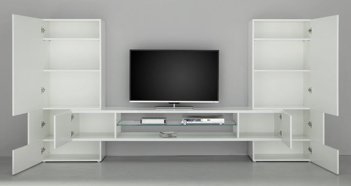 white tv unit set in a grey background