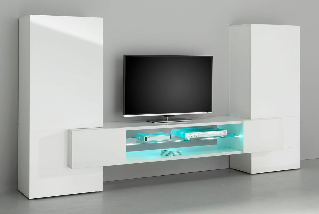 Stylish tv unit set with tv against a grey wall